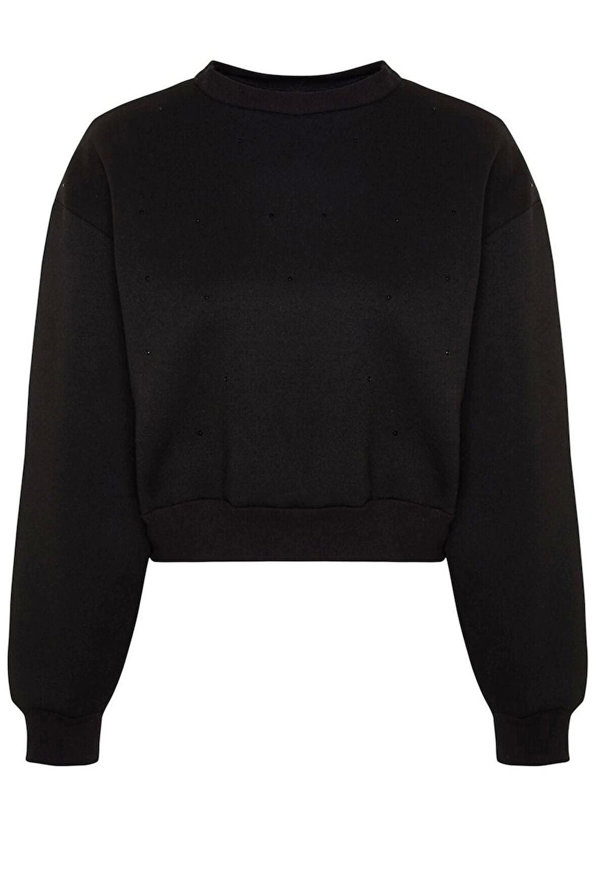 Kadın Bisiklet Yaka Düşük Kol Kalın İçi Polarlı Taş Detaylı Normal Kalıp Örme Sweatshirt