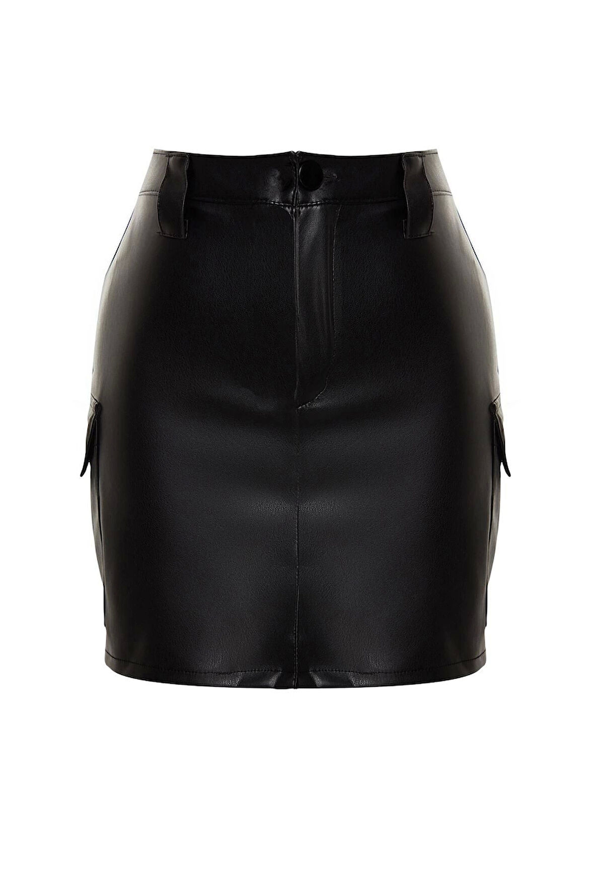 Kadın Moda Stil Mini Astarsız Örme Suni Deri Kargo Cepli Yüksek Bel Vücuda Oturan Mini Örme Etek