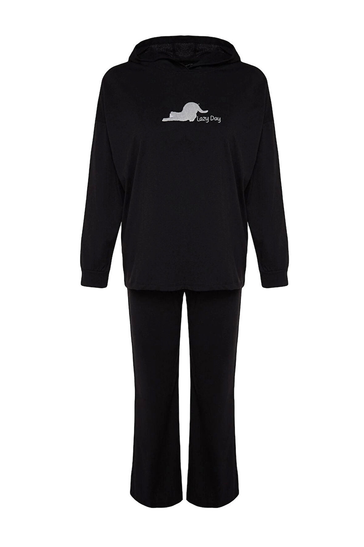 Kadın Moda Kapüşonlu Geniş Paça Uzun Kol Pamuklu Kedi Baskılı Sweatshirt-Pantolon Örme Pijama Takımı