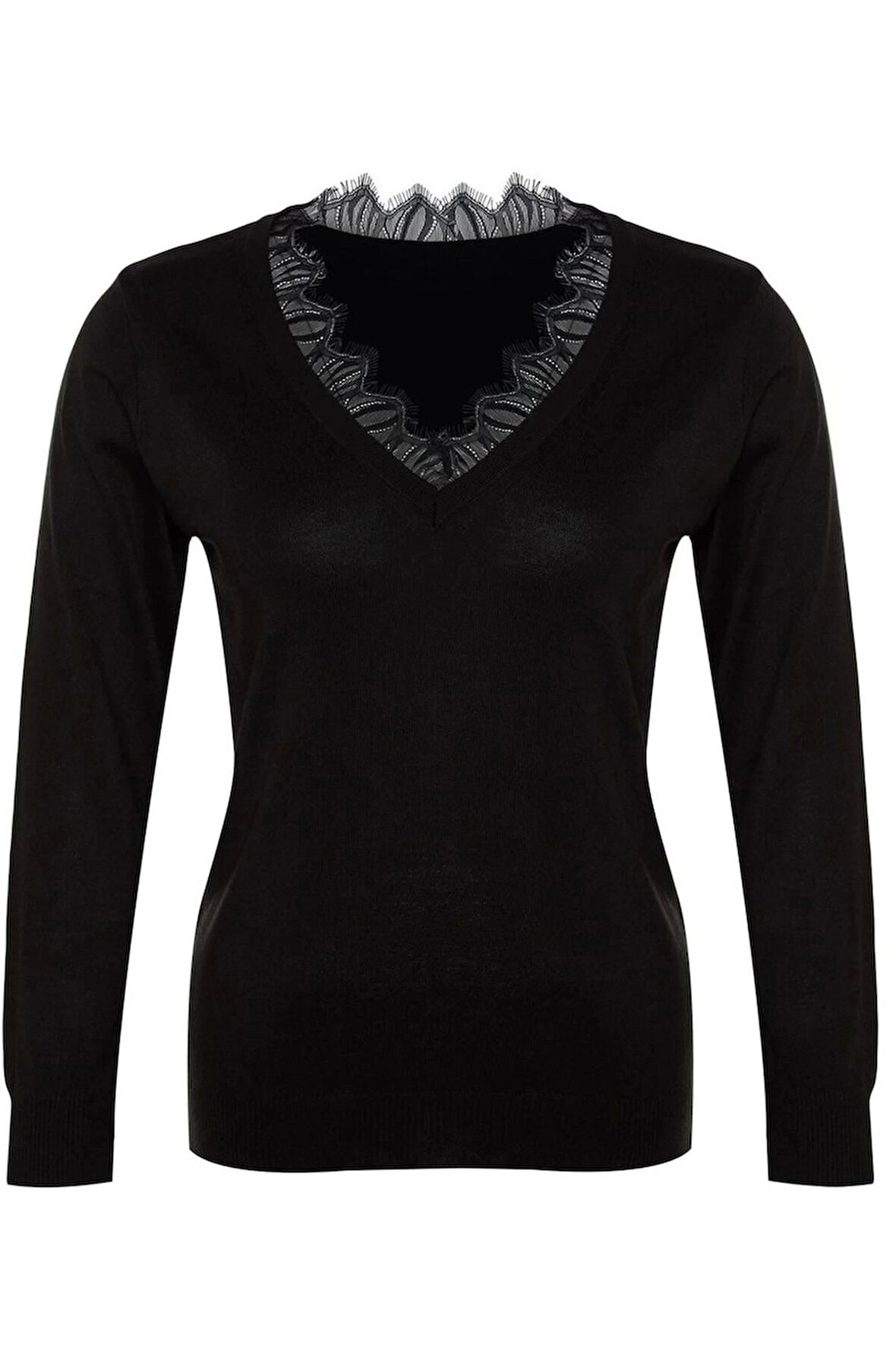 Kadın Büyük Beden Moda Şık Regular V Yaka Uzun Kol Düz Dantel Detaylı Triko Kazak