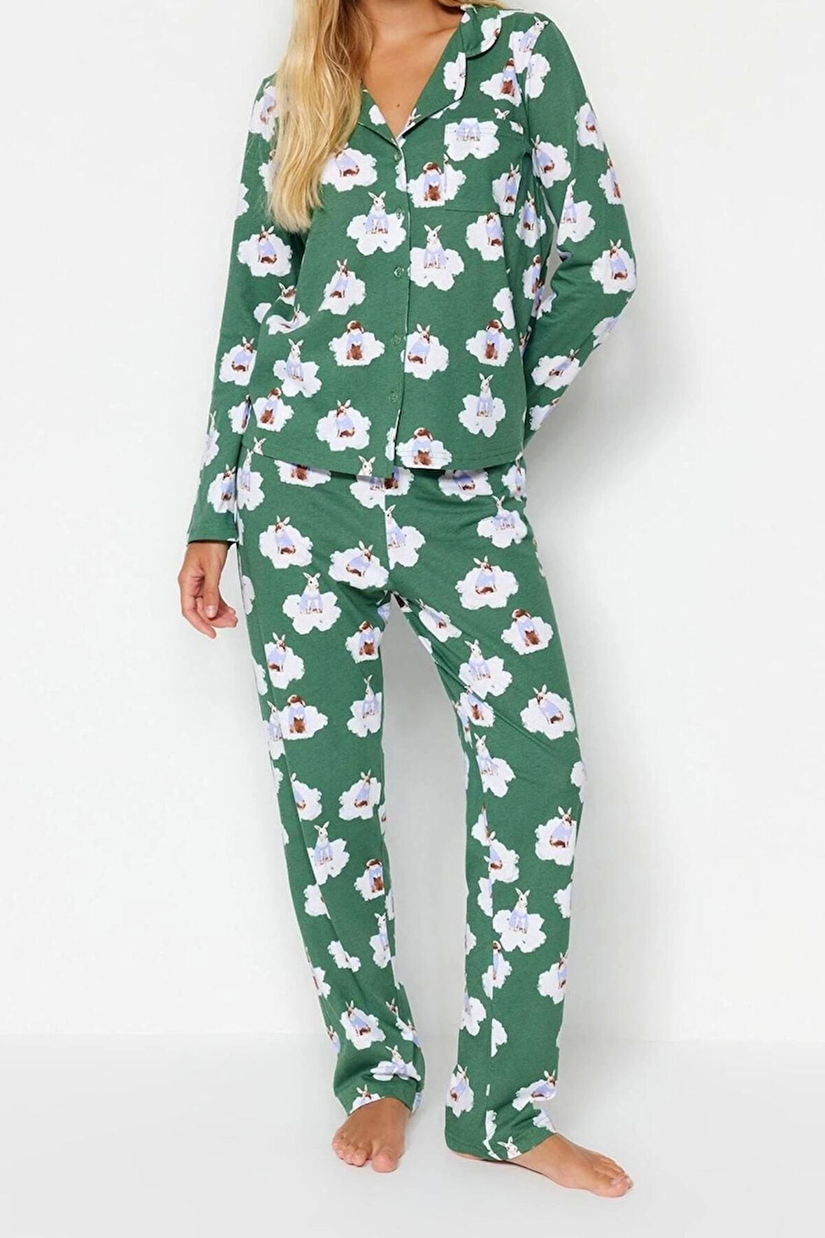 Kadın Boru Paça Uzun Kol %100 Pamuklu Çizgili Kaplan Desenli Gömlek-Pantolon Pijama Takımı