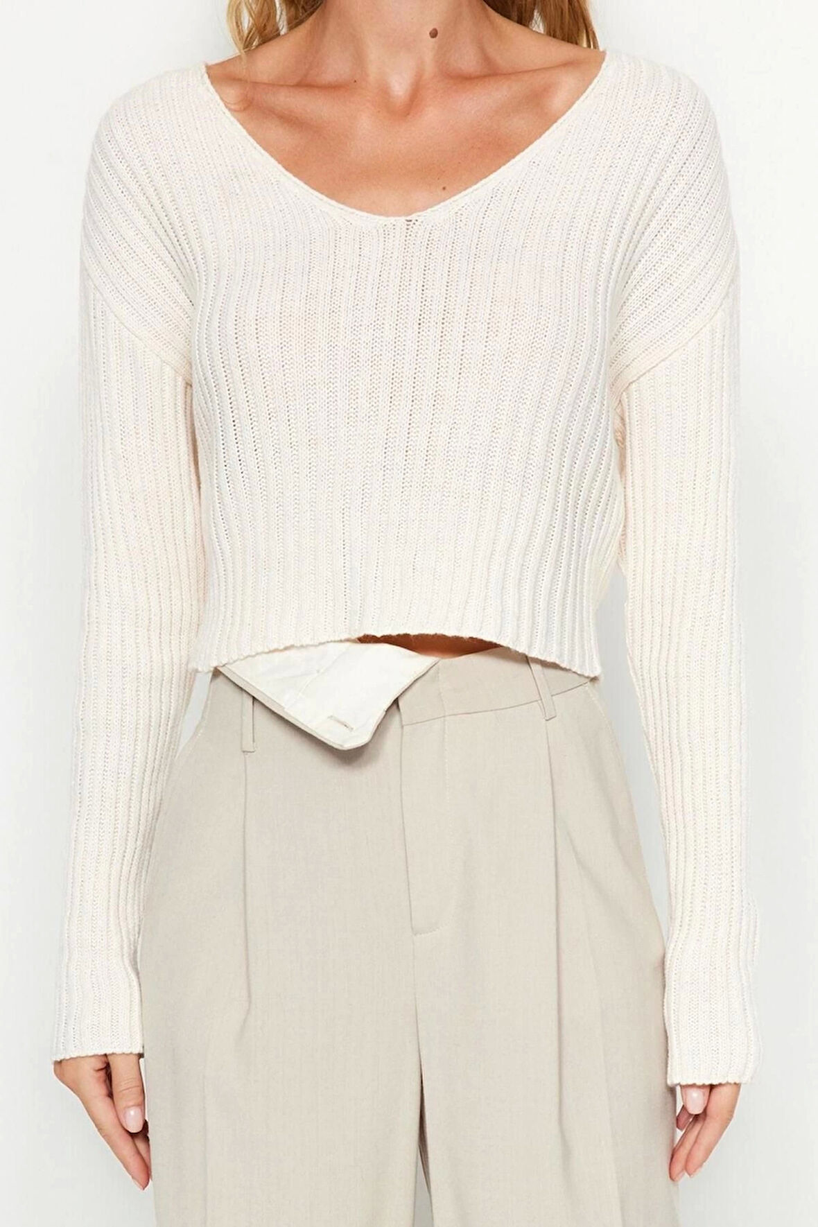 Kadın Moda Şık V Yaka Standart Kol Crop Basic Triko Kazak