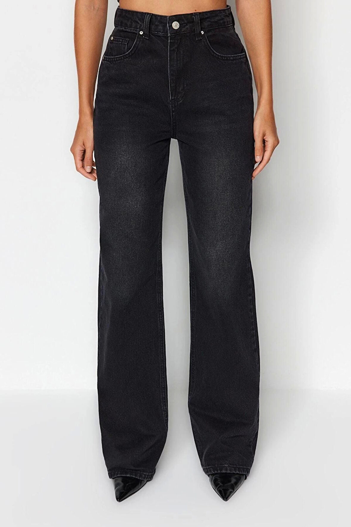 Kadın Moda Şık Kot Pantolon Geniş Paça Uzun Boy Denim Gri Yüksek Bel Jeans