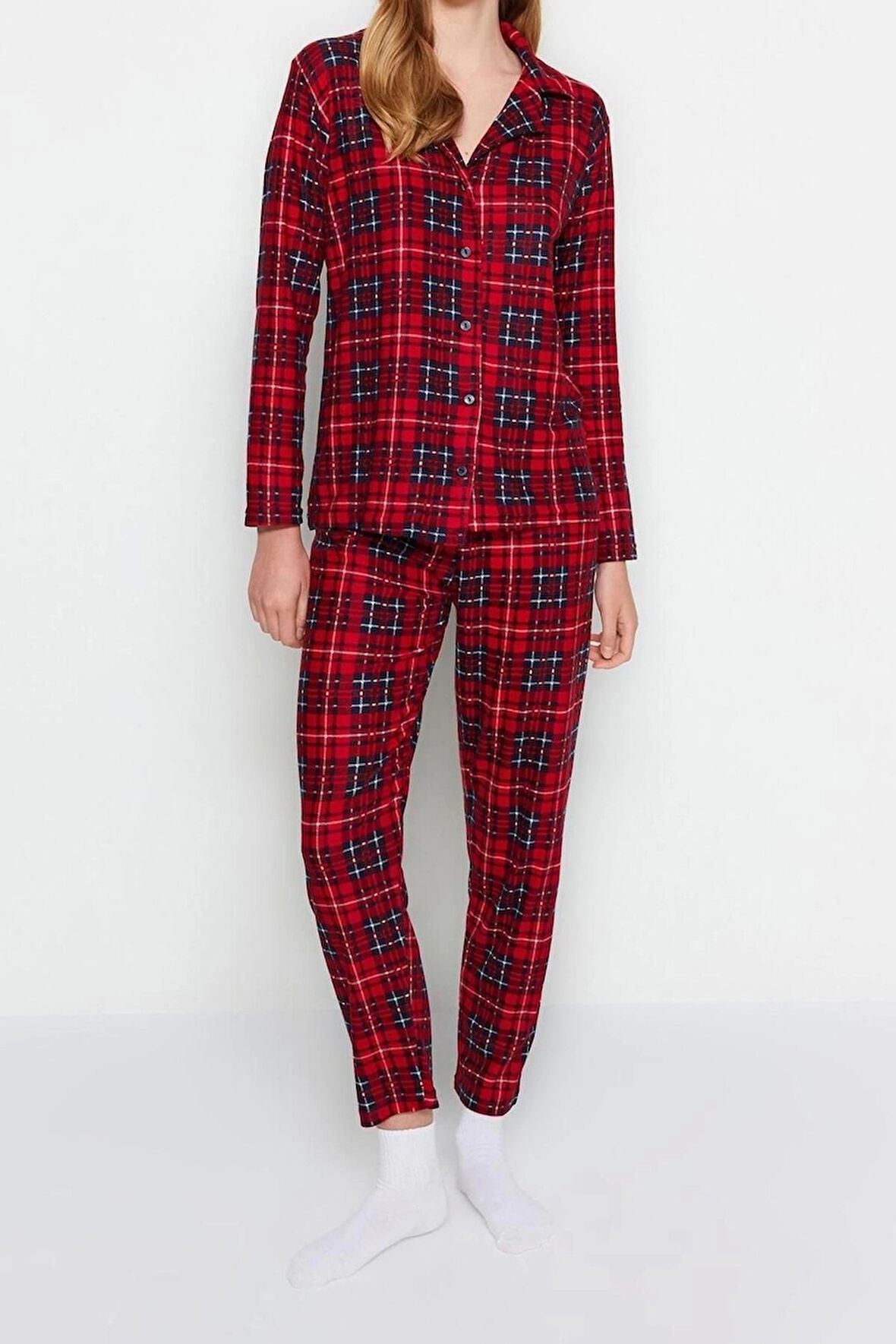 Kadın Polyester Gömlek Yaka Uzun Kol Yumuşak Hissiyatlı Ekoseli Uyku Bantlı Örme Pijama Takımı