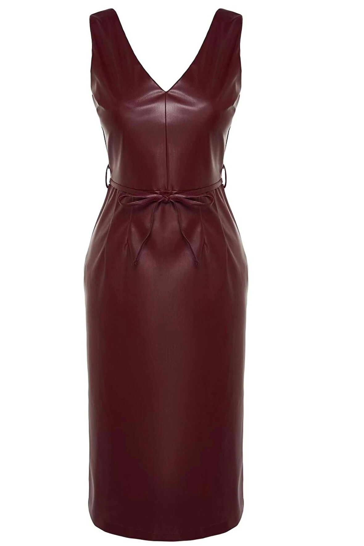 Kadın Moda Şık Midi Boy V Yaka Regular Deri Dokuma Elbise