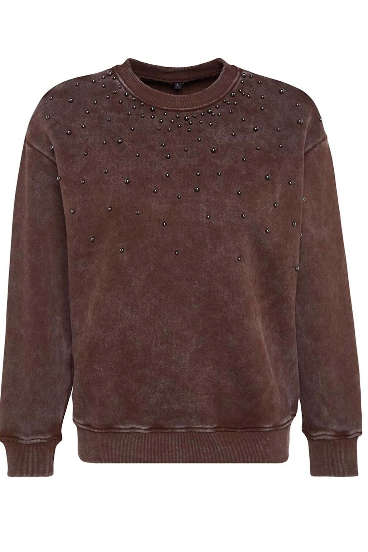 Kadın Regular Bisiklet Yaka Düşük Kol Regular Eskitme Kalın İçi Polarlı İnci Detaylı Örme Sweatshirt