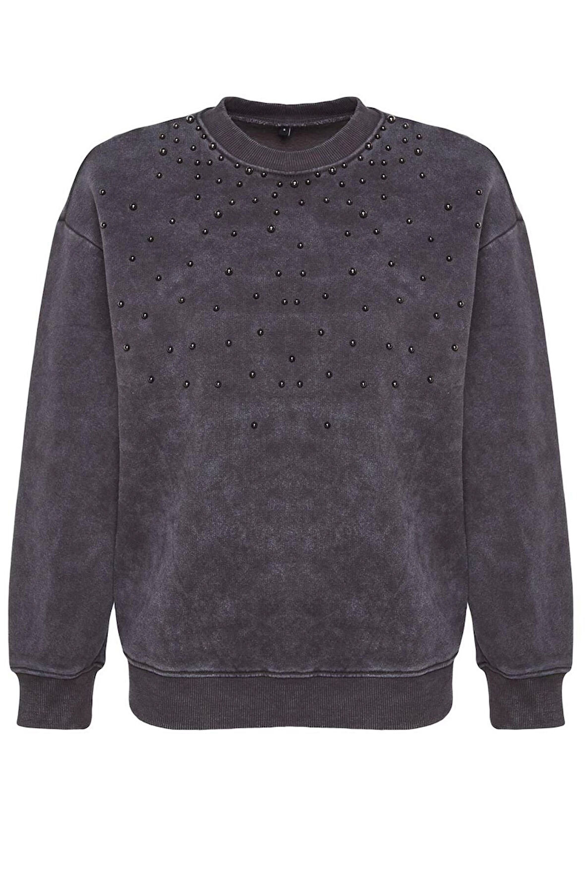 Kadın Regular Bisiklet Yaka Düşük Kol Regular Eskitme Kalın İçi Polarlı İnci Detaylı Örme Sweatshirt