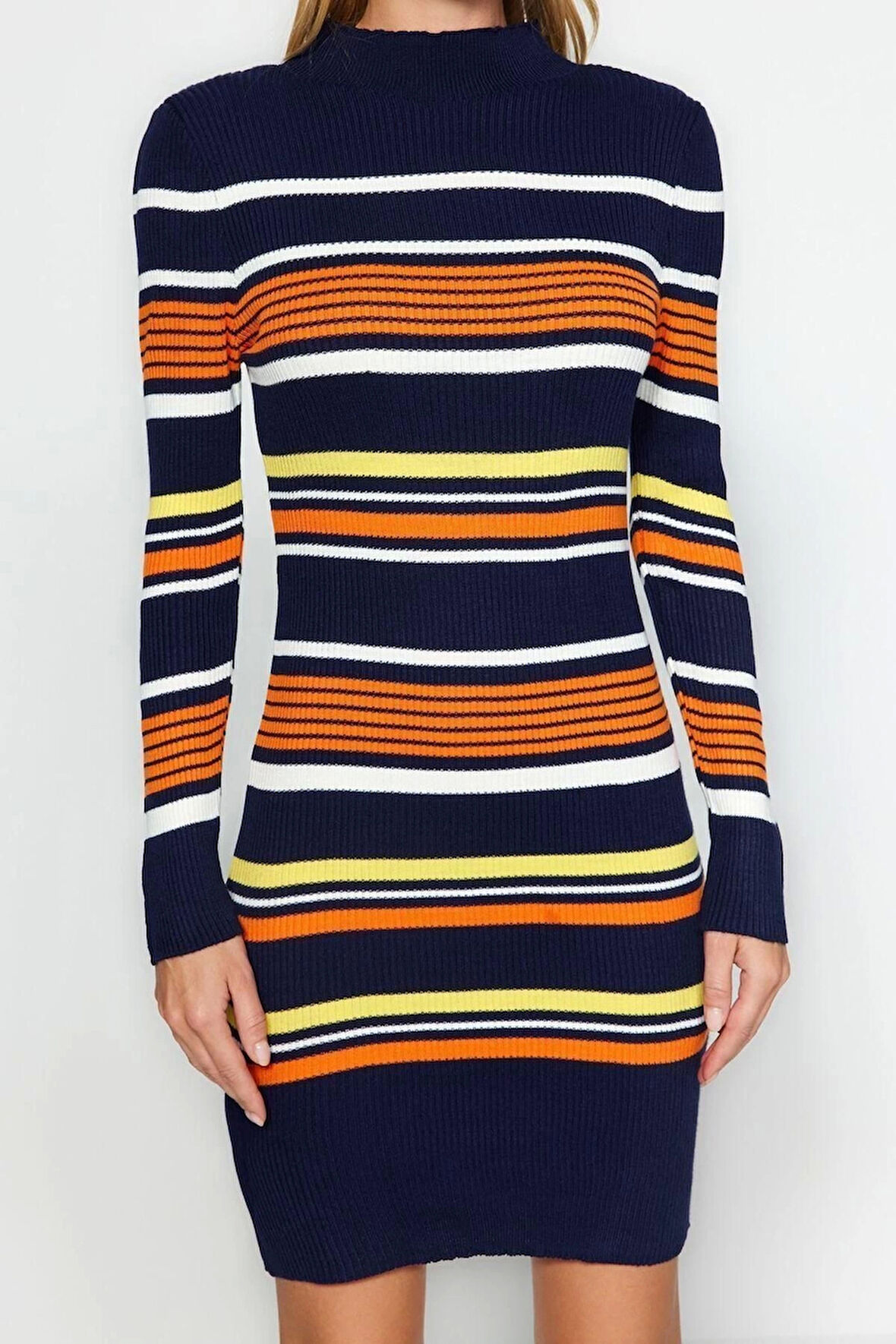 Yeni Regular Casual Günlük Çift Plaka Triko Dik Yaka Uzun Kol Shift Mini Boy Elbise