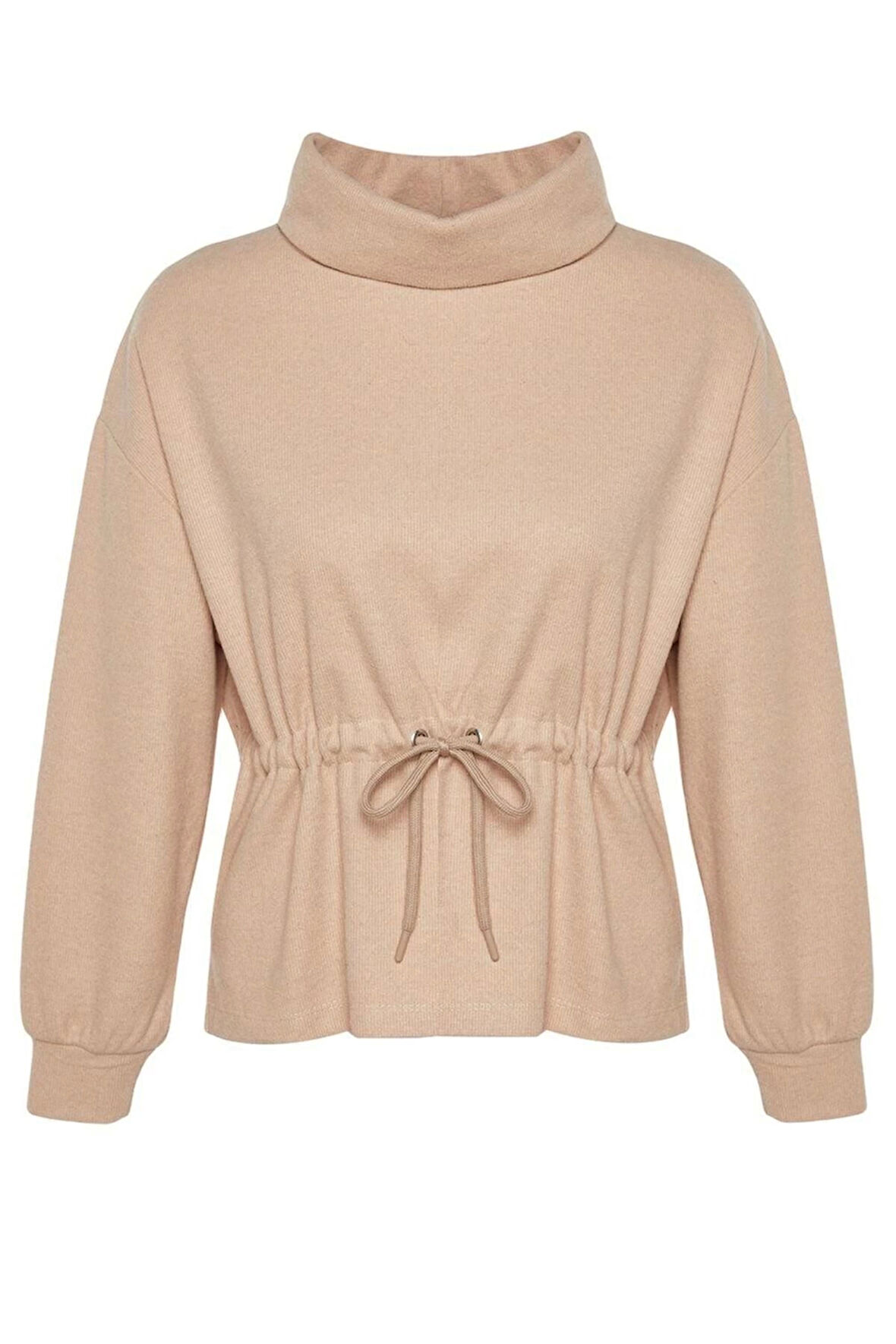 Kadın Moda Regular Dik Yaka Standart Kol Regular Selanik Triko Büzgülü Normal Kalıp Örme Sweatshirt