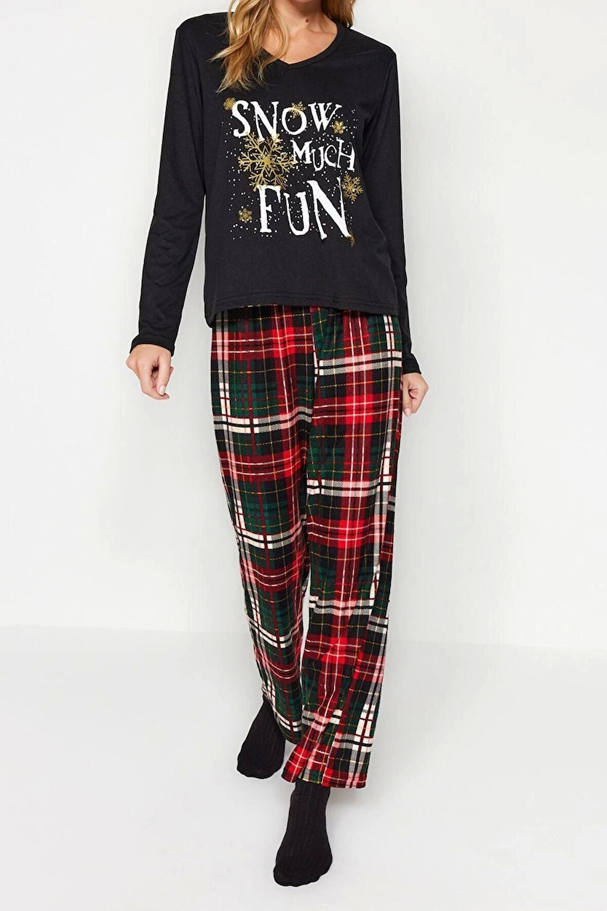 Kadın Polyester Bisiklet Yaka Uzun Kol Slogan Varak Baskılı Tshirt-Pantolon Örme Pijama Takımı