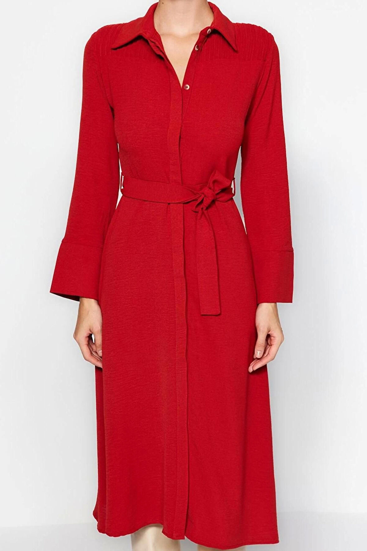 Kadın Moda Şık Midi Boy Gömlek Yaka Regular Kuşaklı Düğmeli Dokuma Gömlek Elbise