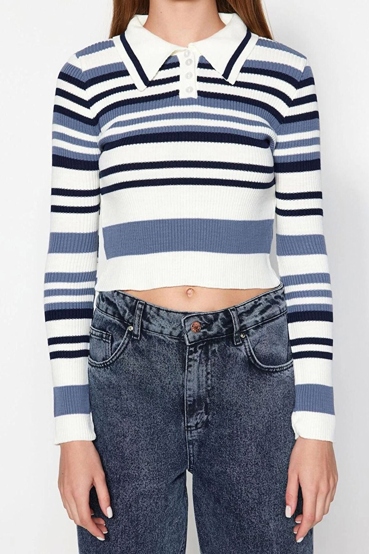 Kadın Moda Şık Polo Yaka Standart Kol Crop Çizgili Triko Kazak