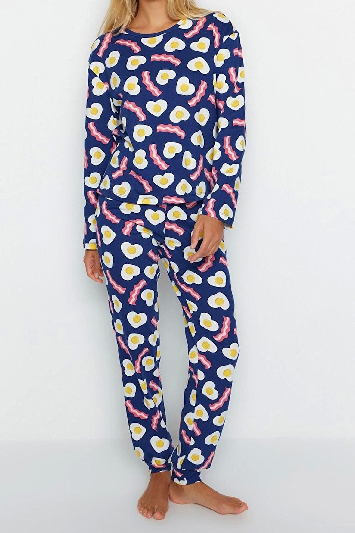 Kadın Boru Paça Uzun Kol %100 Pamuk Kahvaltı Desenli Tshirt-Pantolon Örme Pijama Takımı