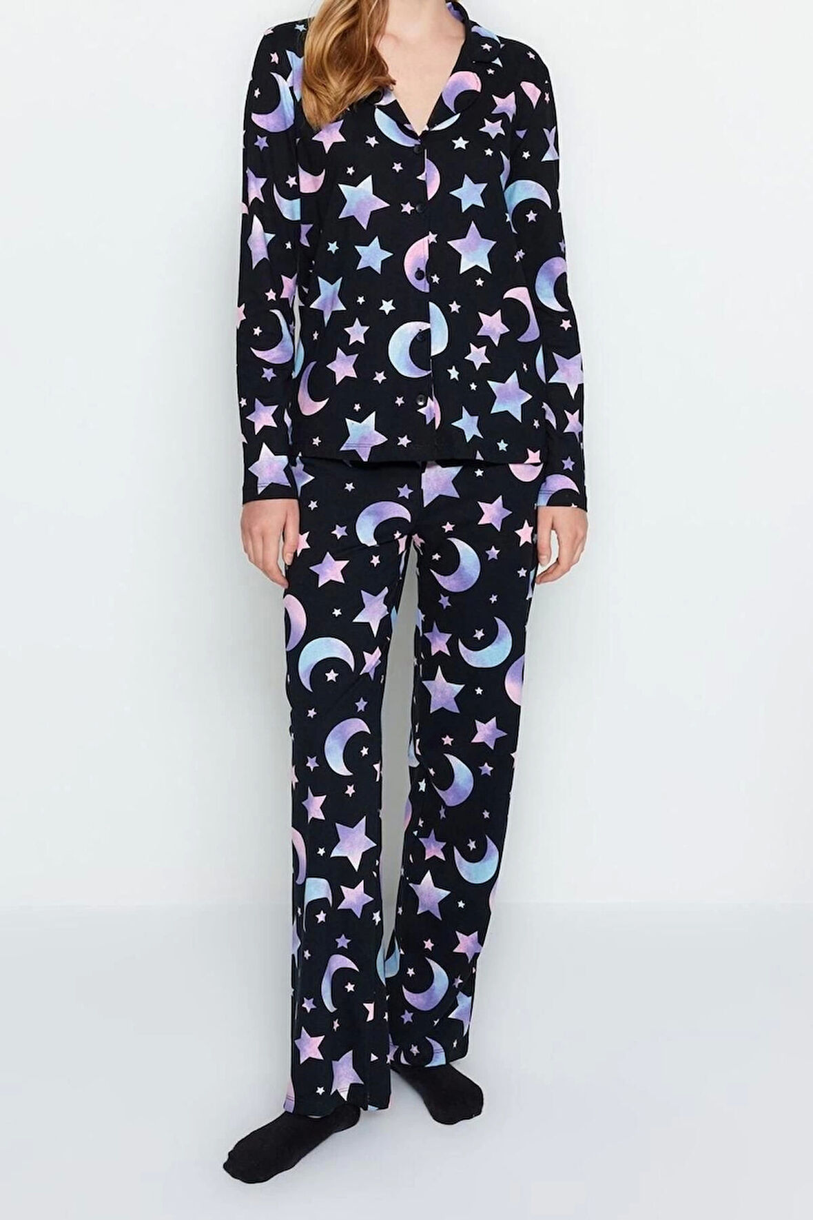 Kadın Moda Gömlek Yaka Boru Paça Uzun Kol %100 Pamuk Galaksi Desenli Gömlek-Pantolon Pijama Takımı