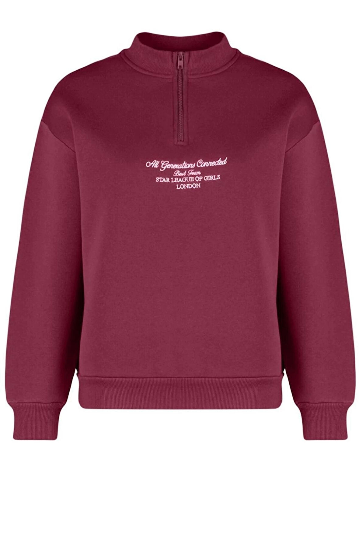 Kadın Moda Bol Fermuarlı Yaka Düşük Kol Uzun Kalın İçi Polarlı Fermuarlı Geniş Kalıp Örme Sweatshirt