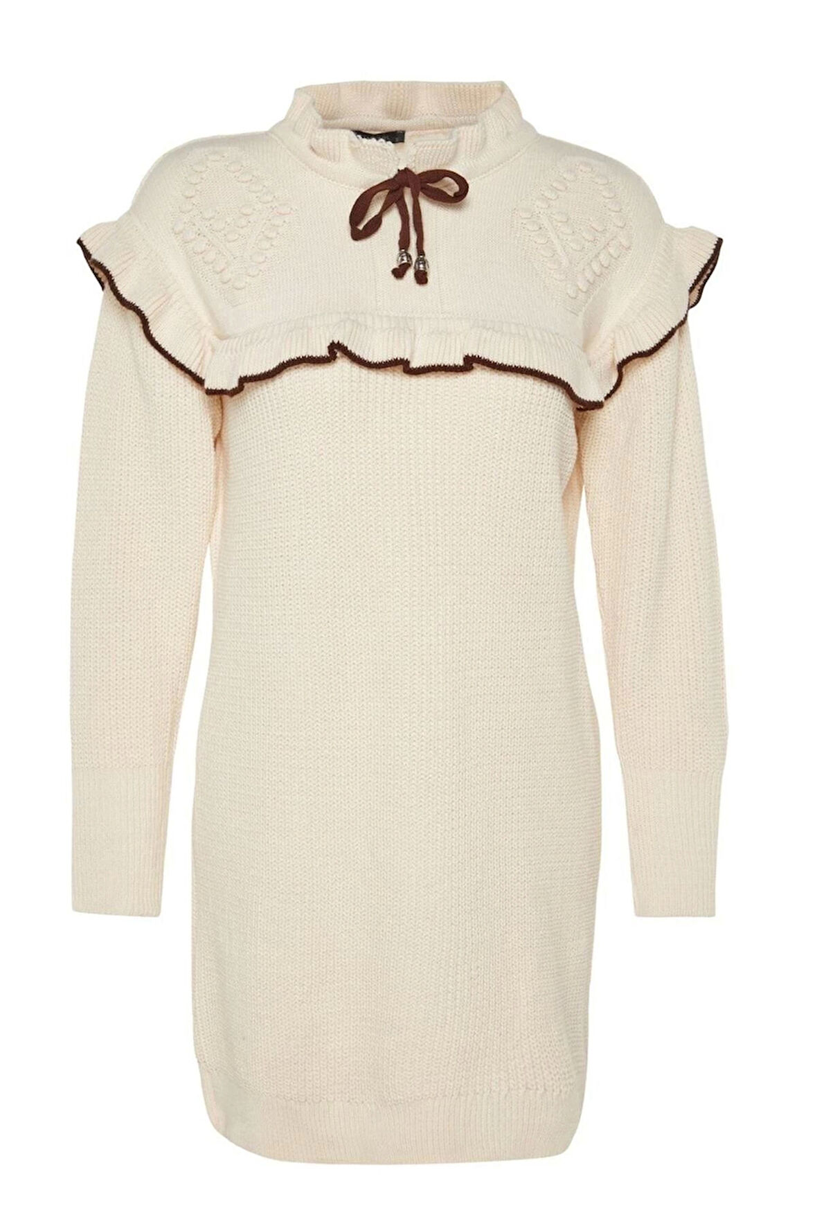 Kadın Tesettür Moda Şık Regular Dik Yaka Uzun Kol Saç Örgü Siyah Biyeli Triko Örgü Kazak