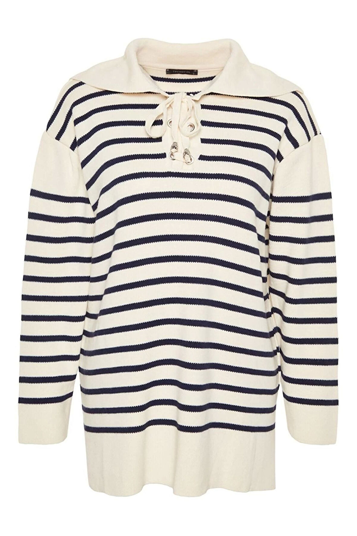 Kadın Tesettür Moda Şık Regular Kare Yaka Uzun Kol Çizgili Rahat Kalıp Triko Kazak