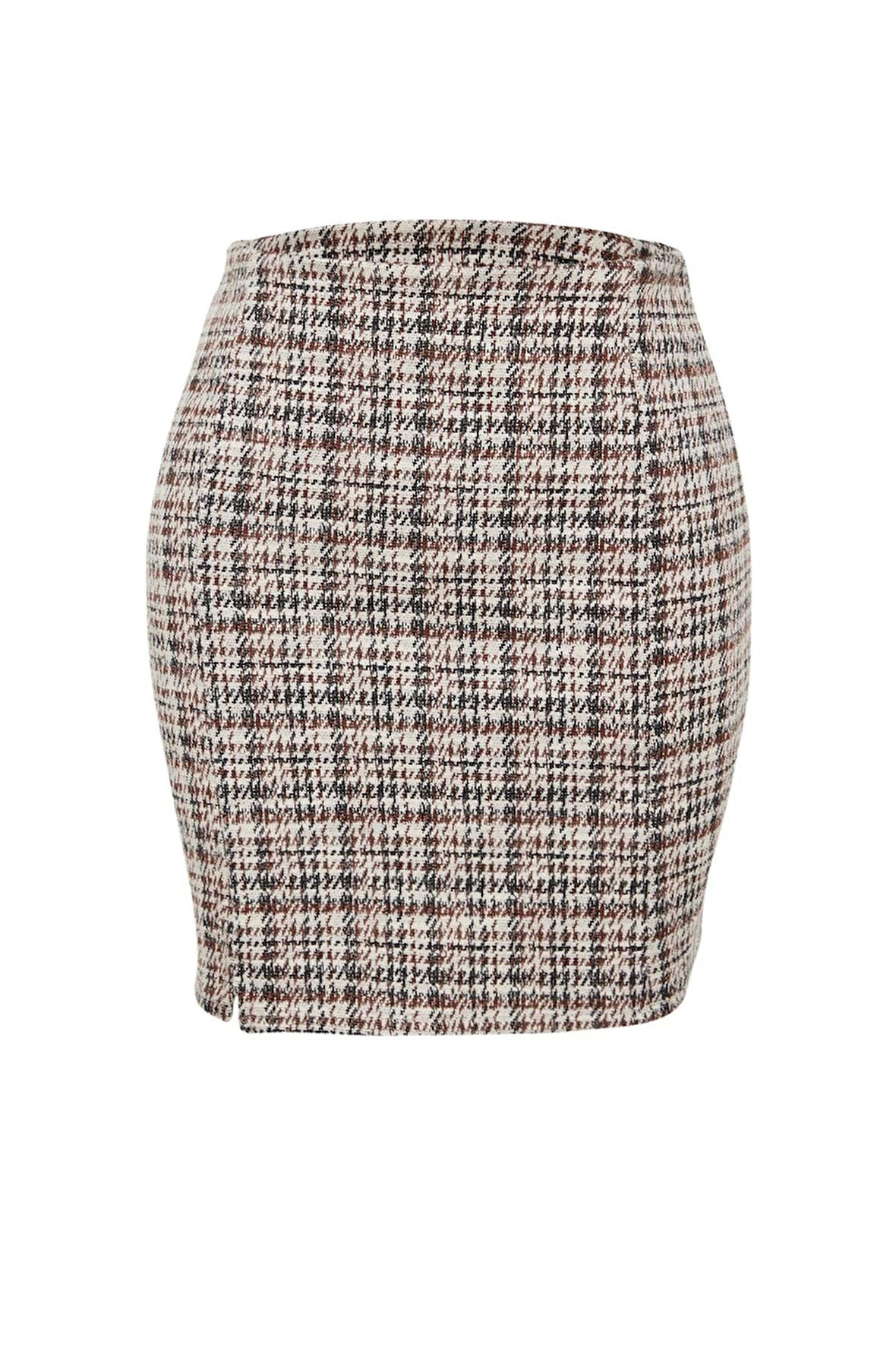Kadın Moda Stil Mini Astarsız Örme Fermuarlı ve Yırtmaçlı Tüvit Normal Bel Mini Örme Etek