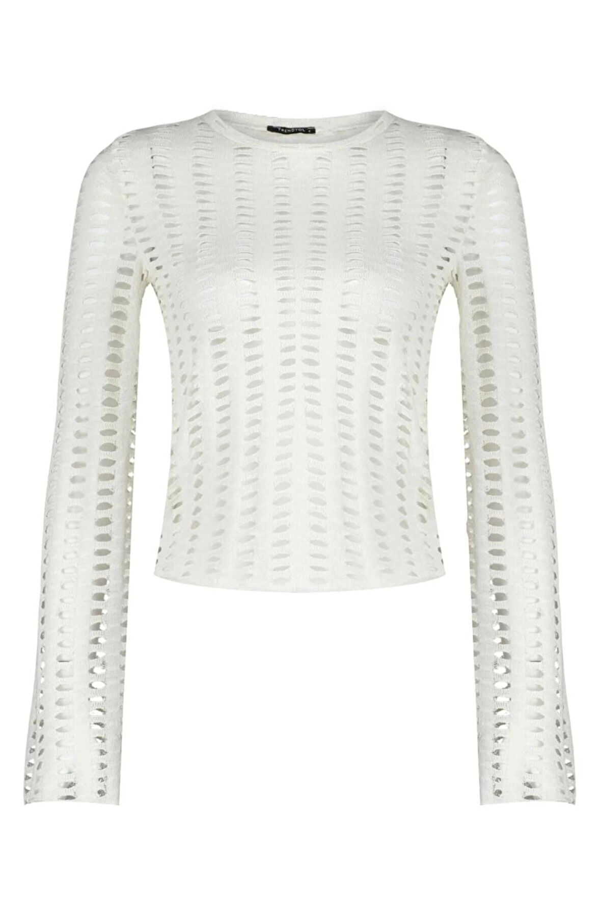 Kadın Moda Şık Üst Giyim Crop Bisiklet Yaka İspanyol Kol Regular Kalıp Örme Fileli Slim Fit Bluz