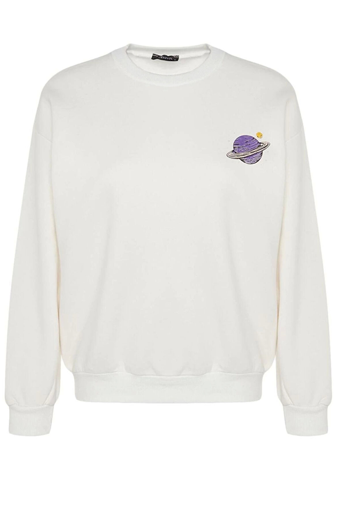 Kadın Regular Bisiklet Yaka Düşük Kol Regular Kalın İçi Polarlı Baskılı Normal Kalıp Örme Sweatshirt
