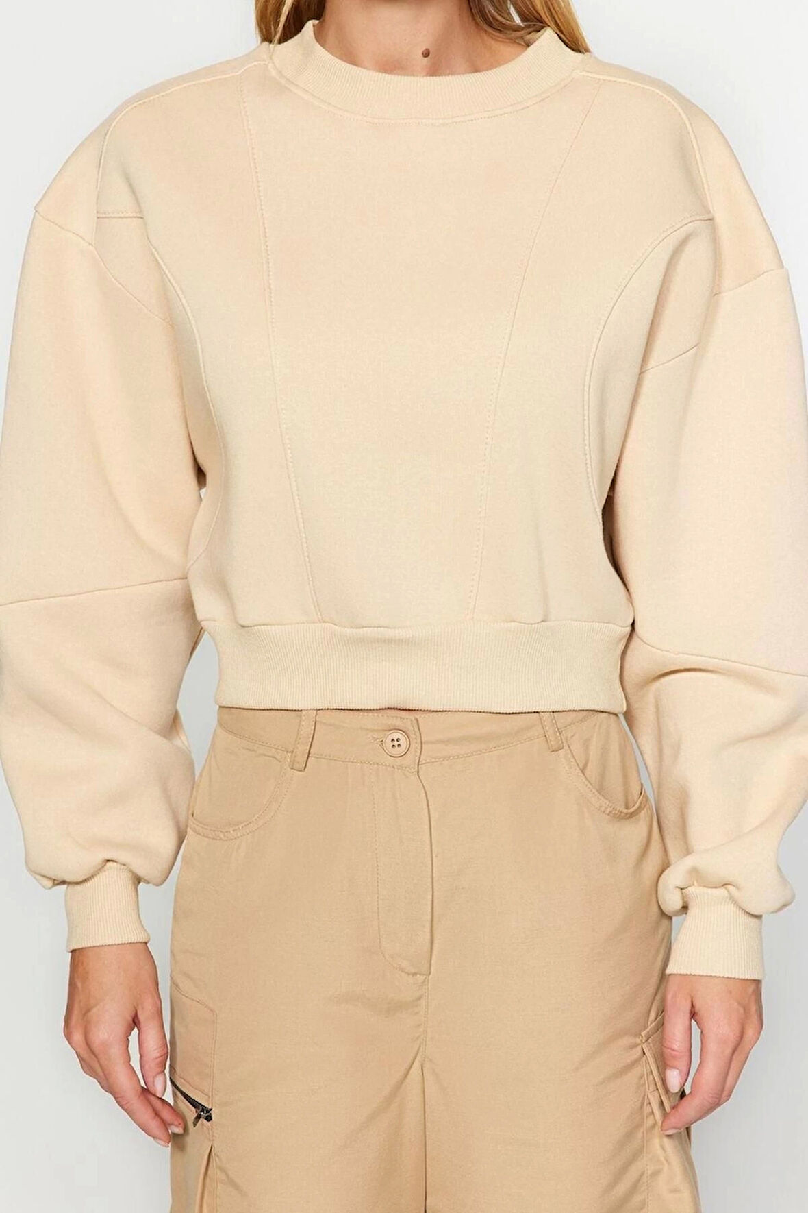 Kadın Bisiklet Yaka Düşük Kol Kalın İçi Polarlı Dikiş Detaylı Normal Kalıp Örme Sweatshirt