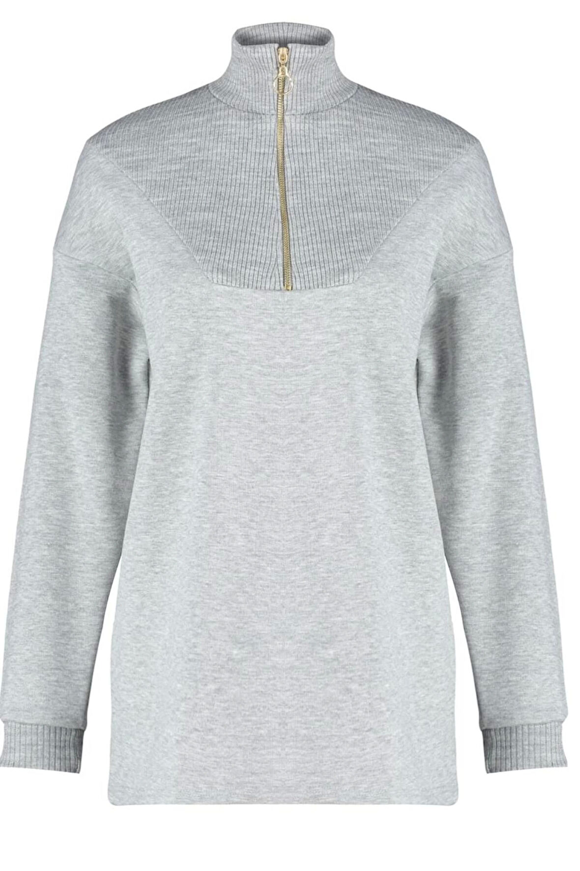 Kadın Tesettür Moda Şık Regular Dik Yaka Standart Kol Regular Fermuarlı Yaka Detaylı Örme Sweatshirt