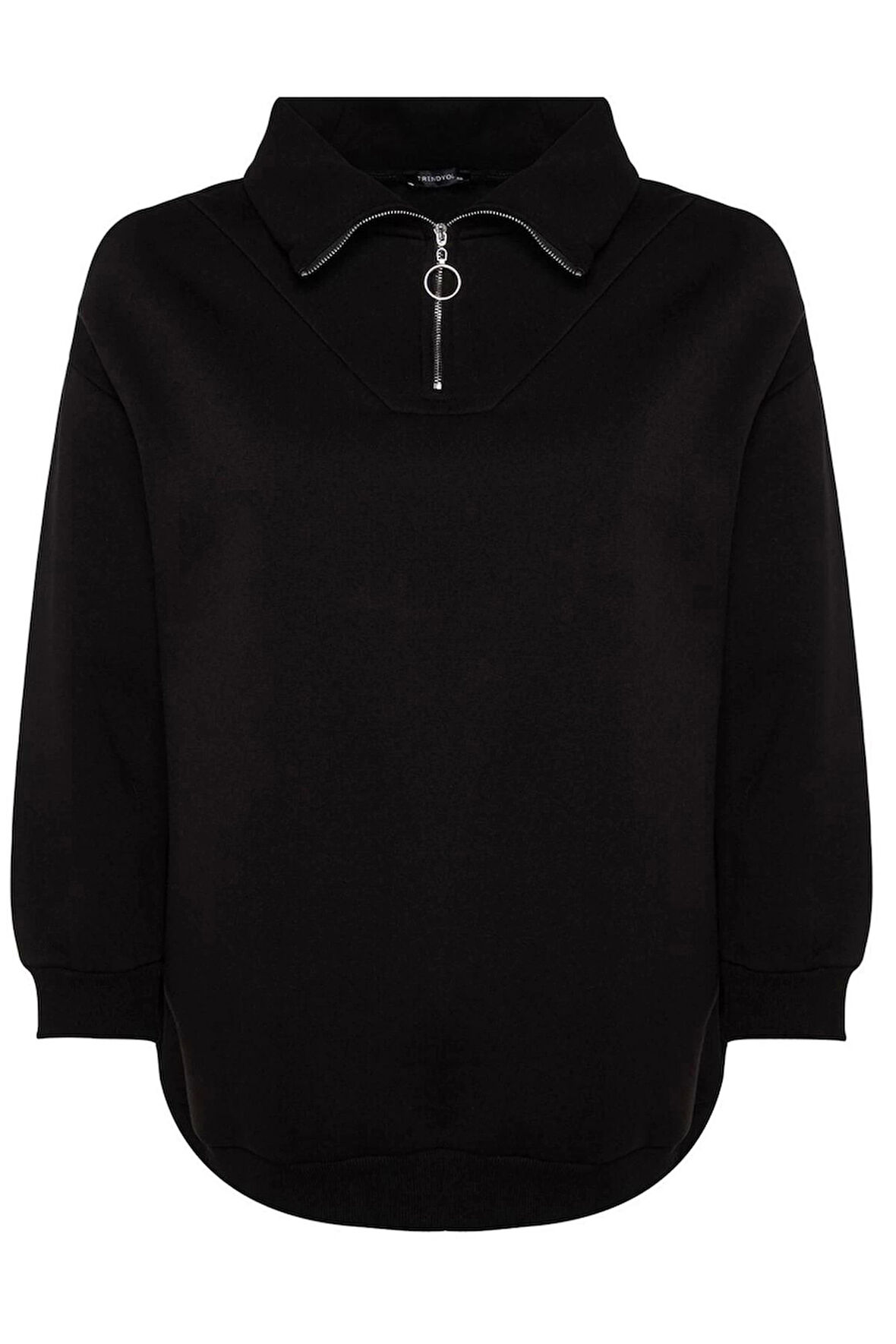 Kadın Büyük Beden Oversize Fermuarlı Yaka Düşük Kol Uzun Kalın İçi Polarlı Fermuarlı Örme Sweatshirt