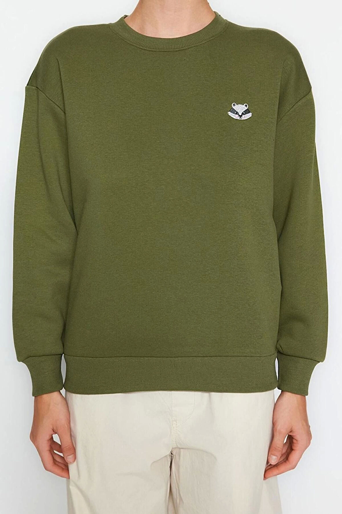 Kadın Bisiklet Yaka Standart Kol Animal Nakışlı Normal Kalıp Kalın İçi Polarlı Örme Sweatshirt