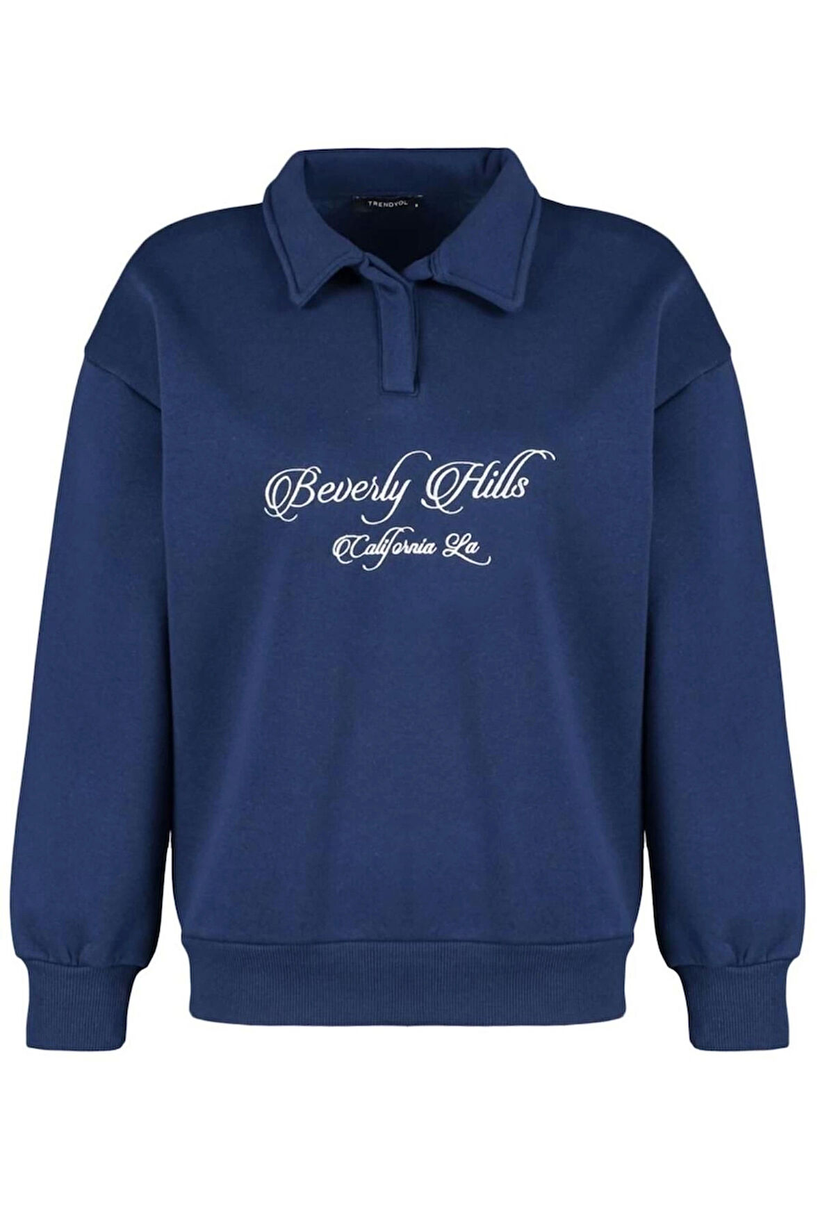 Kadın Oversize Gömlek Yaka Düşük Kol Uzun Gömlek Yaka Nakışlı Fit Kalın İçi Polarlı Örme Sweatshirt