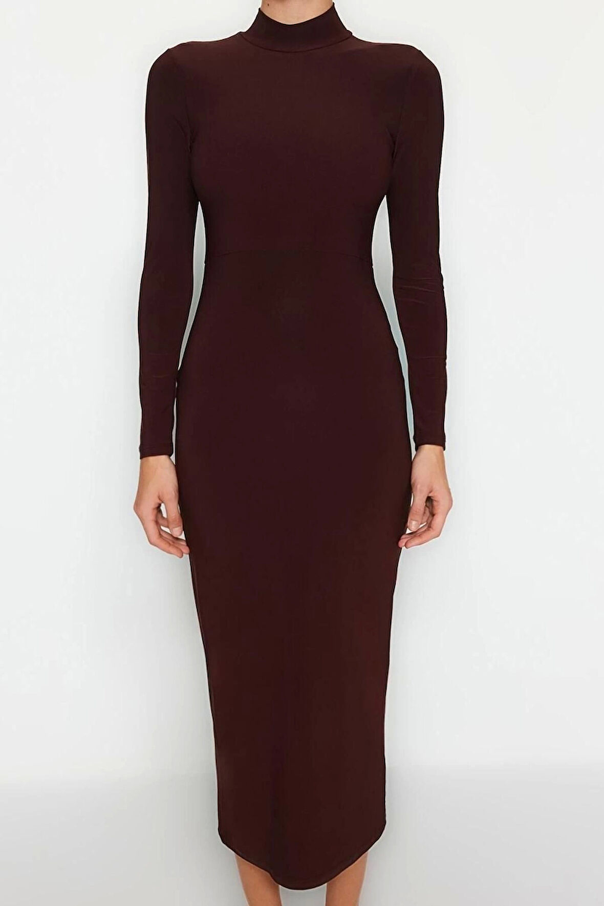 Kadın Moda Şık Maxi Boy Dik Yaka Slim Fitted Vücuda Oturan Esnek Örme Elbise