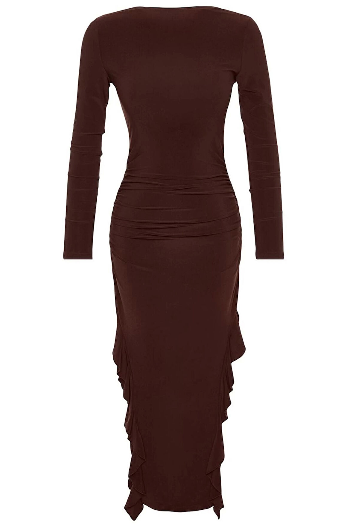 Kadın Moda Şık Midi Boy Bisiklet Yaka Regular Düz Eteği Volanlı Kayık Kaya Esnek Örme Örme Elbise