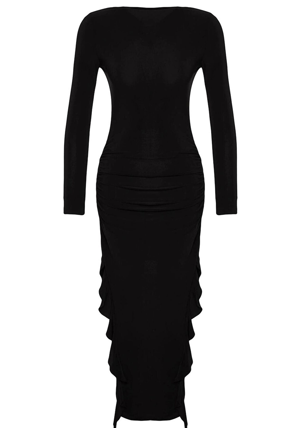 Kadın Moda Şık Midi Boy Bisiklet Yaka Regular Düz Eteği Volanlı Kayık Kaya Esnek Örme Örme Elbise