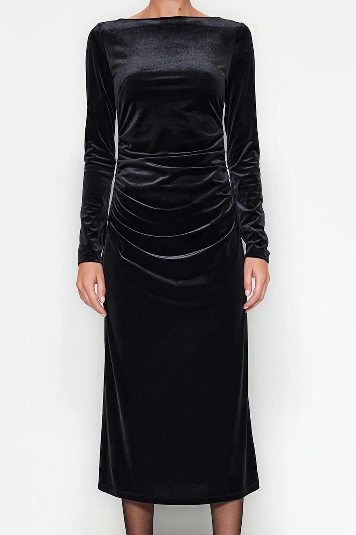 Kadın Moda Şık Midi Boy Kayık Yaka Slim Kadife Büzgülü Fitted Vücuda Oturan Esnek Örme Elbise