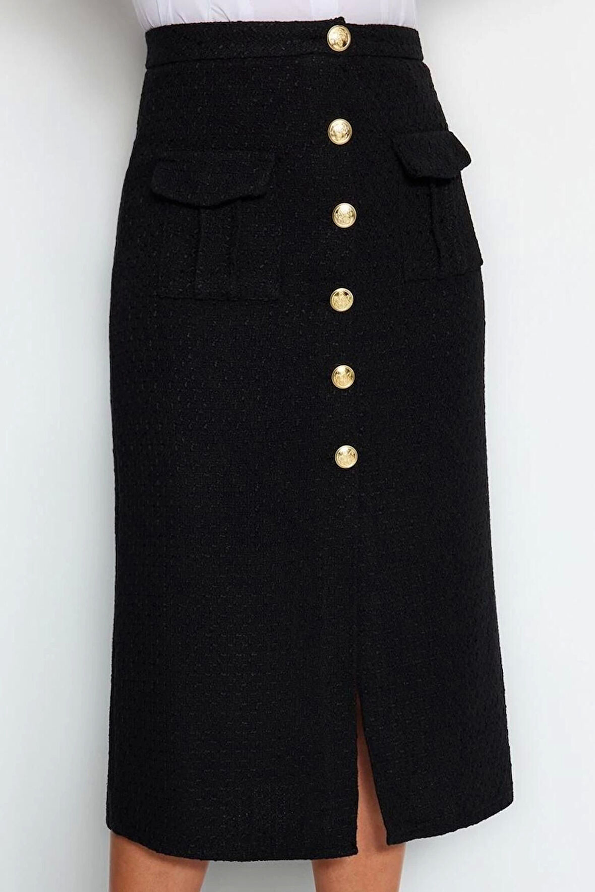 Kadın Moda Stil Midi Astarsız Dokuma Tüvit Kumaş Düğme Detaylı Midi Dokuma Etek