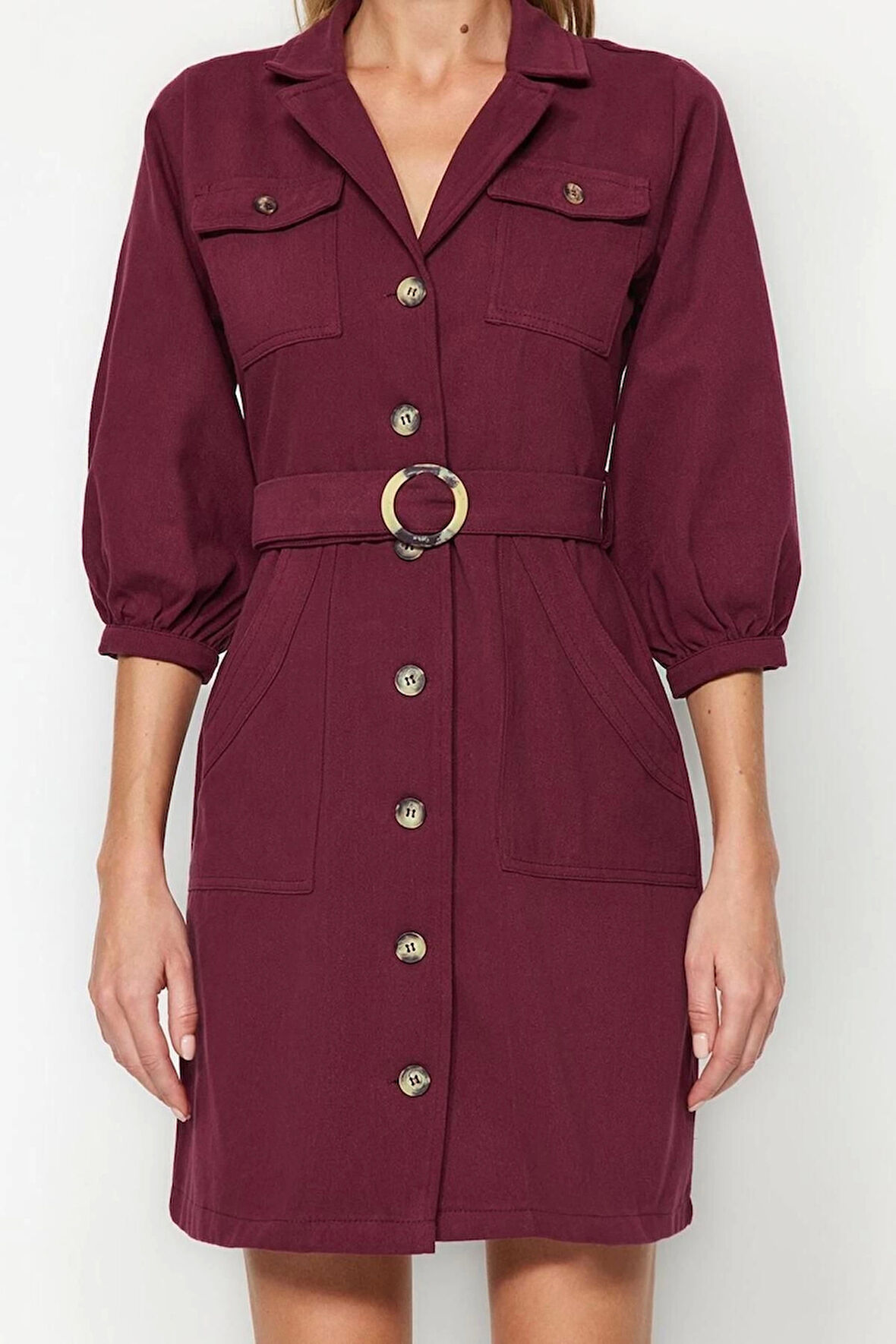 Yeni Regular Casual Günlük Gabardin Dokuma Ceket Yaka Truvakar Kol Kol Gömlek Elbise Mini Boy Elbise
