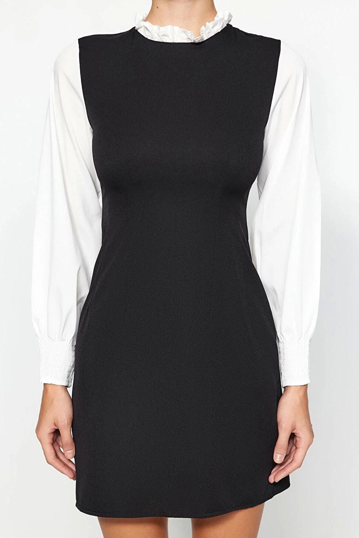 Yeni Regular Business Finike Dokuma Dik Yaka Uzun Kol A-Line Mini Boy Elbise