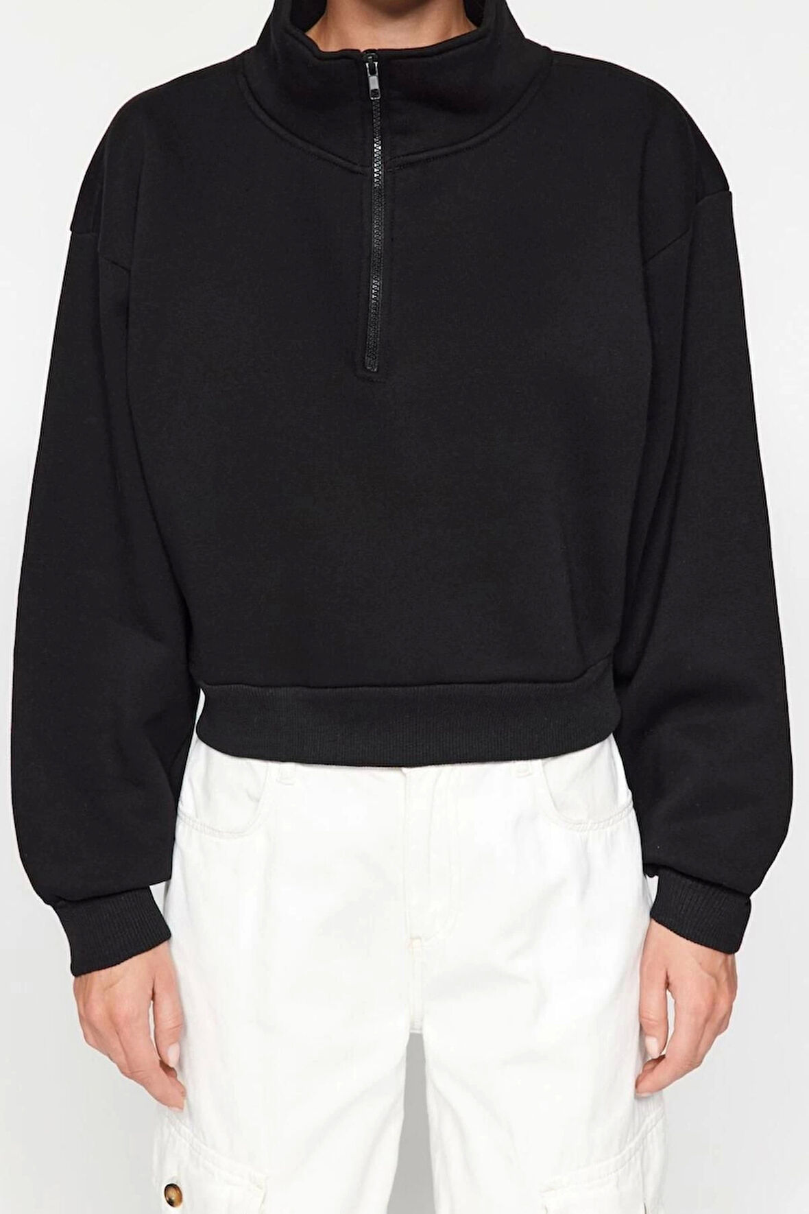 Kadın Fitted Fermuarlı Yaka Düşük Kol Crop Rahat Kesim Crop Fermuarlı Kalın Polarlı Örme Sweatshirt