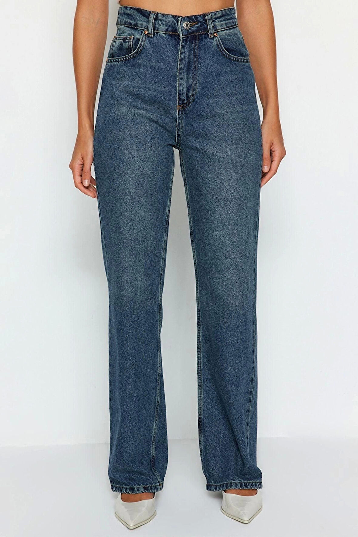 Kadın Moda Şık Kot Pantolon Geniş Paça Uzun Boy Denim Gri Yırtık Detaylı Yüksek Bel Jeans