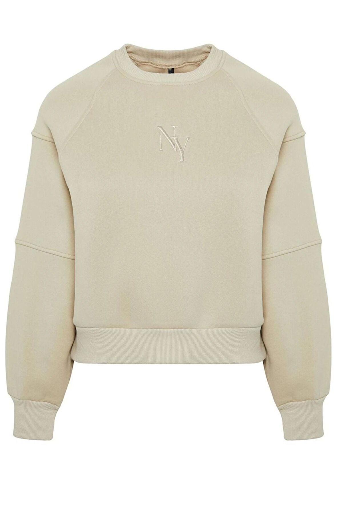 Kadın Moda Şık Regular Bisiklet Yaka Düşük Kol Crop Fit Nakışlı Kalın İçi Polarlı Örme Sweatshirt