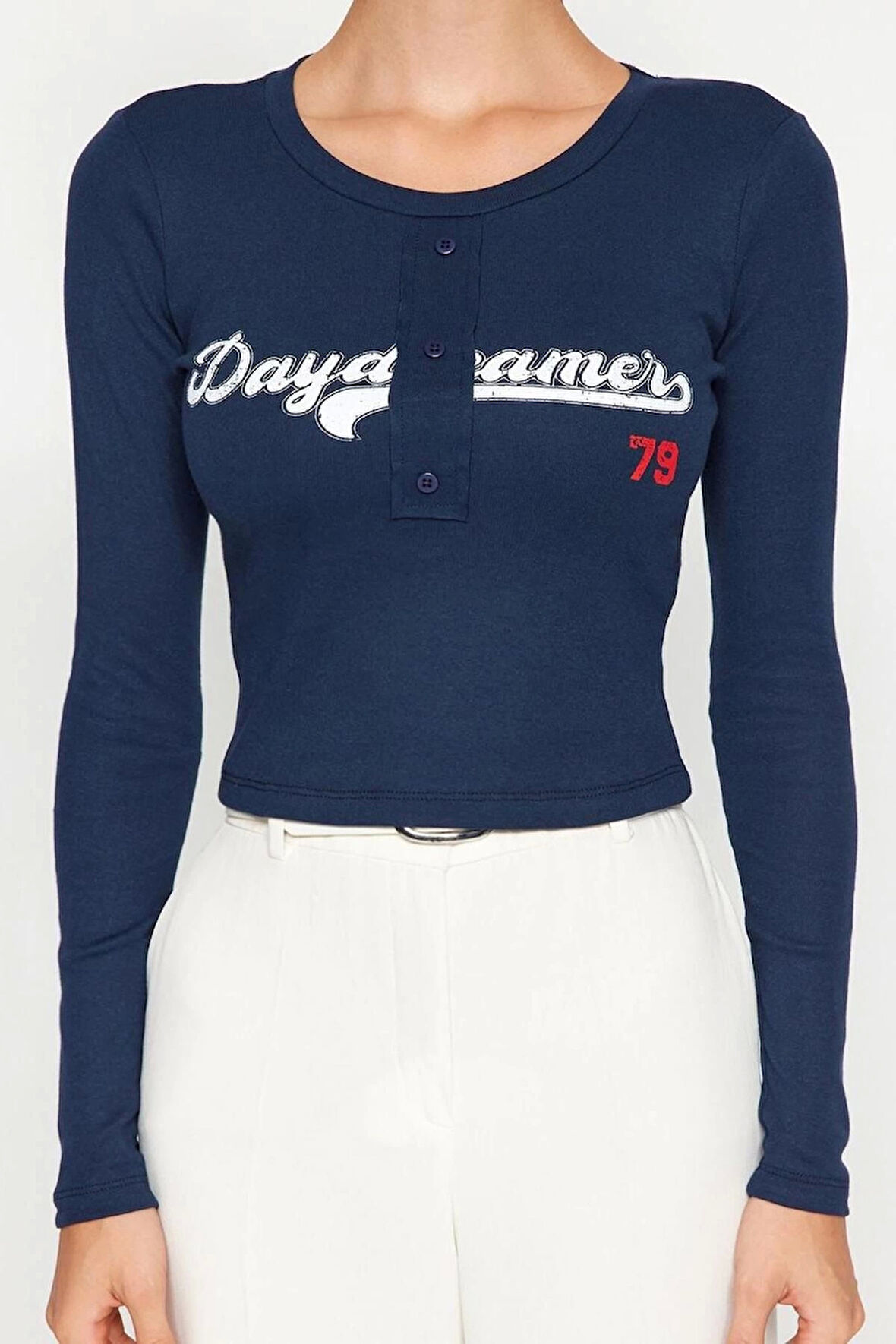 Kadın Şık Crop Bisiklet Yaka Slim Kalıp Örme Slogan Baskılı Fitted Vücuda Oturan Esnek Ribana Bluz