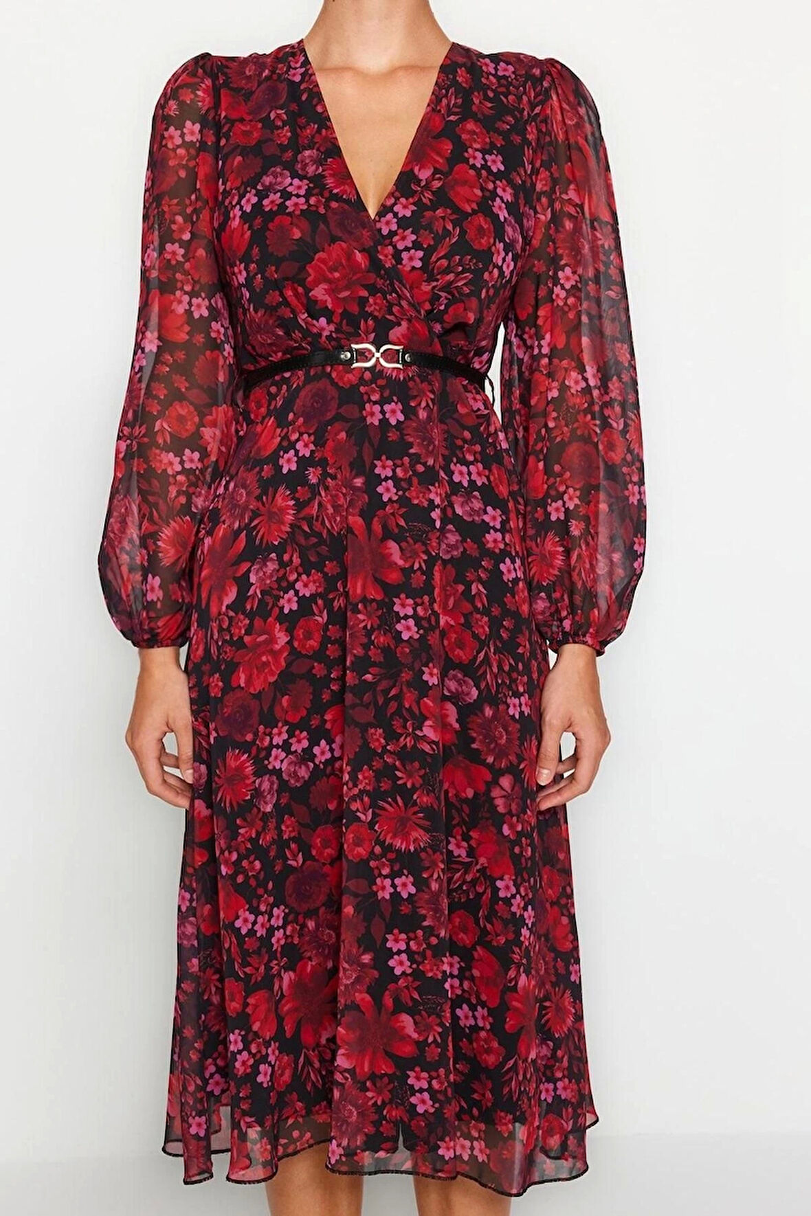 Kadın Moda Şık Midi Boy Kruvaze Regular Çiçekli Kemerli A Kesim Yaka Desenli Şifon Dokuma Elbise