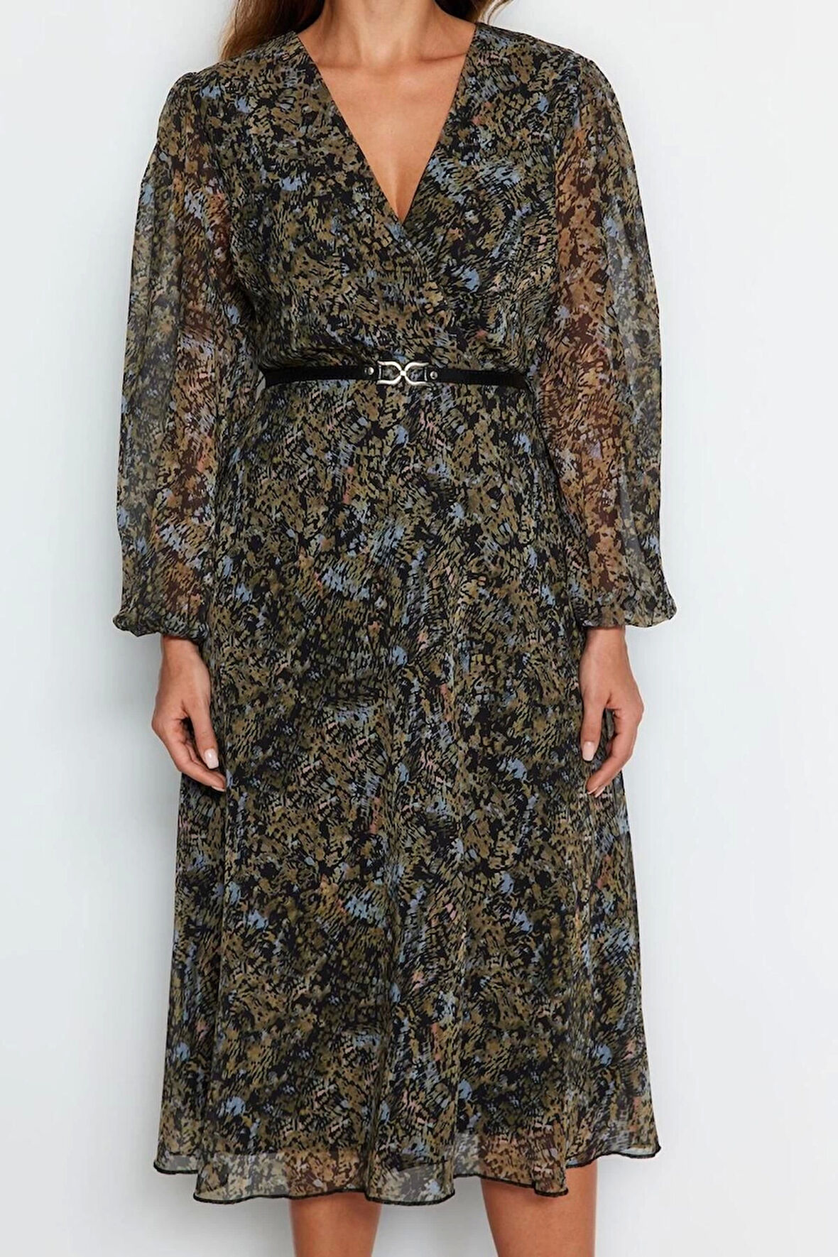 Kadın Moda Şık Midi Boy Kruvaze Regular Çiçekli Kemerli A Kesim Yaka Desenli Şifon Dokuma Elbise