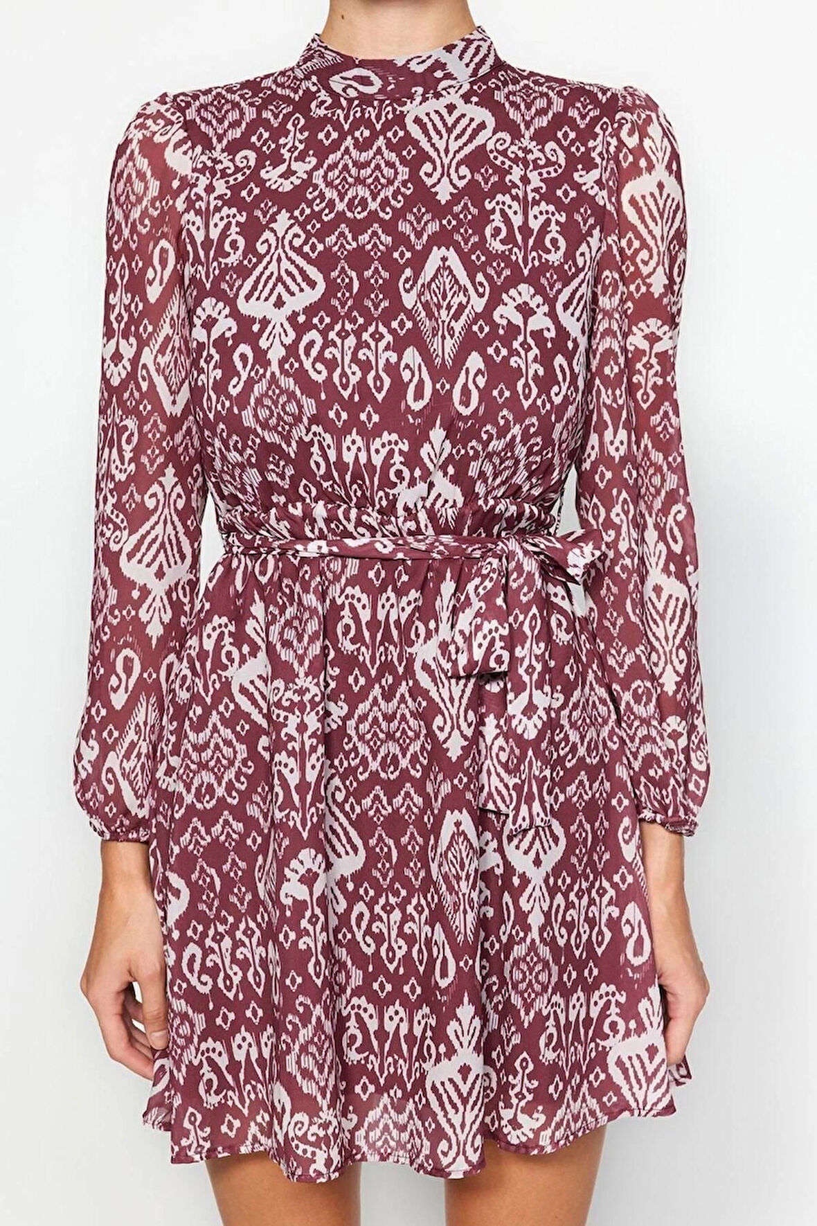 Yeni Regular Gündüz Gece Şifon Dokuma Dik Yaka Uzun Kol A-Line Mini Boy Elbise