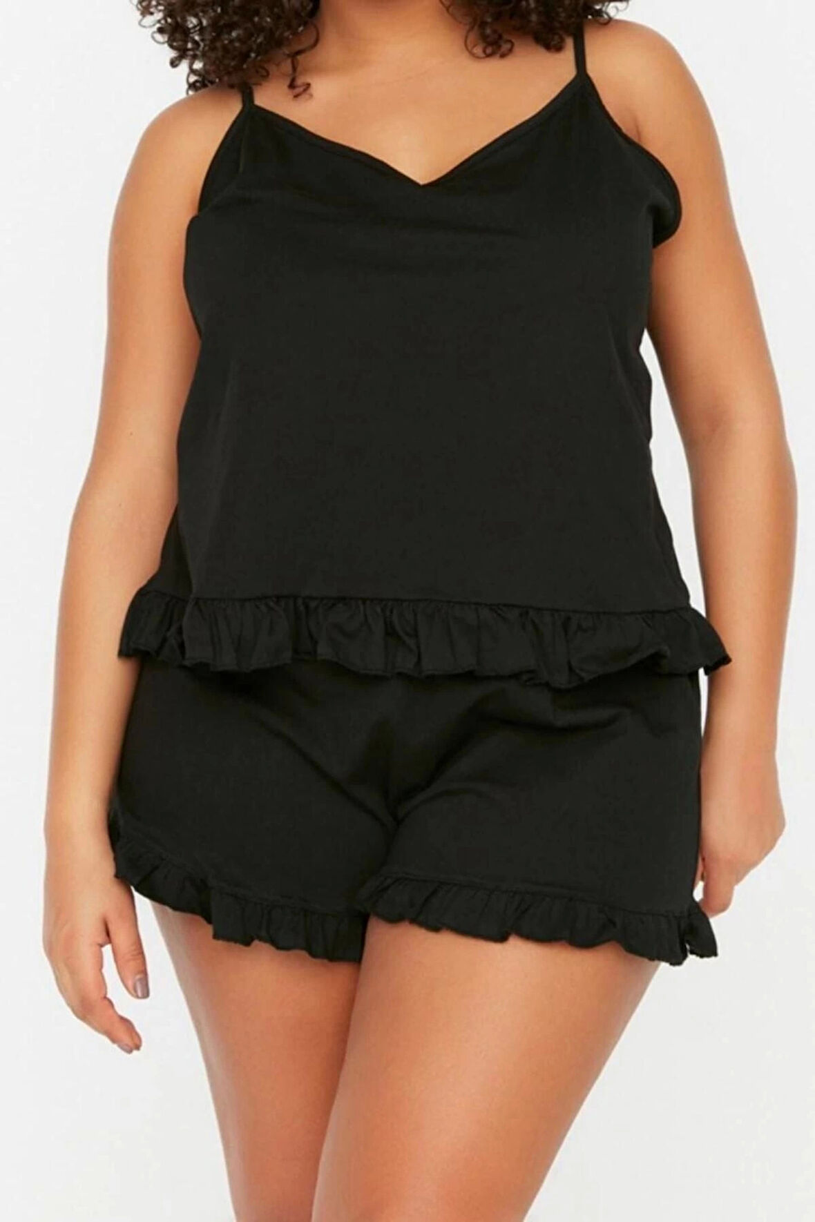 Büyük Beden Kadın Pamuklu V Yaka Askılı Kol Askılı Örme Fırfır Detaylı Pijama Takımı