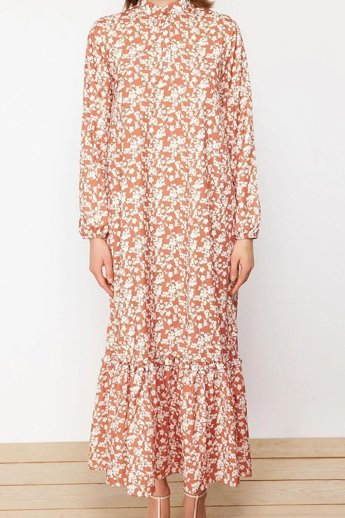 Yeni Regular Casual Günlük Queen Crep Dokuma Dik Yaka Uzun Kol A-Line Maxi Boy Tesettür Elbise