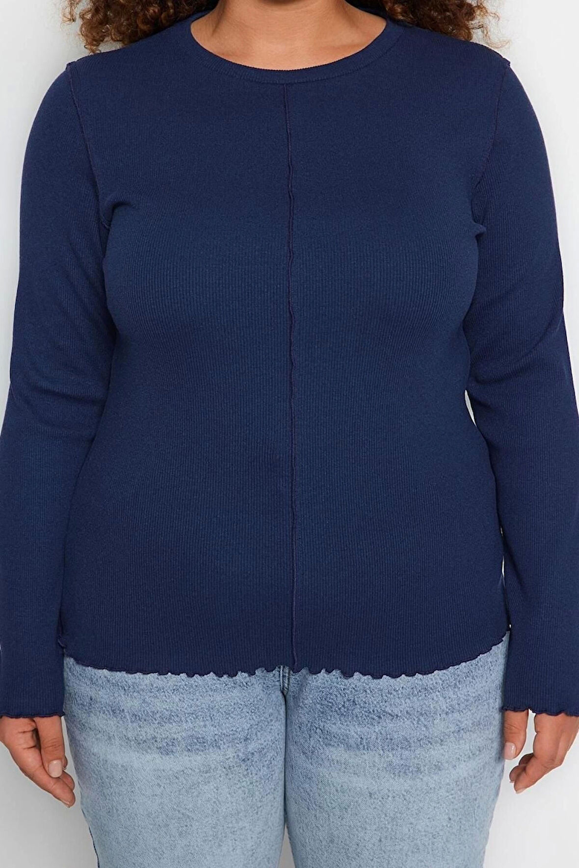 Kadın Moda Şık Büyük Beden Crop Bisiklet Yaka Fitted Kalıp Örme Fitilli Bluz