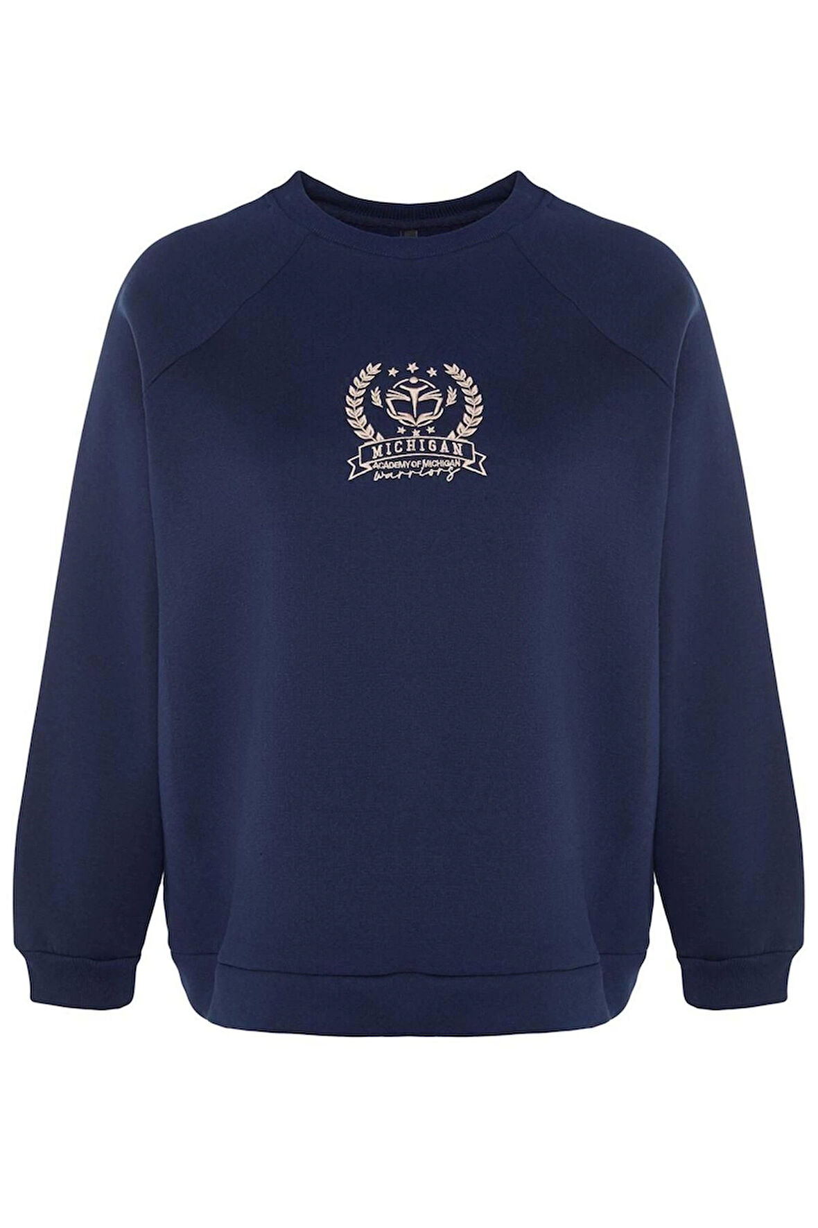 Kadın Büyük Beden Oversize Bisiklet Yaka Reglan Kol Kalın İçi Polarlı Nakış Detaylı Örme Sweatshirt