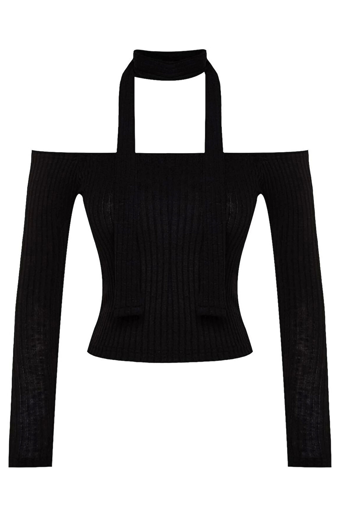 Kadın Moda Şık Crop Carmen Yaka Slim Kalıp Örme Fitilli Şal Detaylı Fitted Vücuda Oturan Esnek Bluz