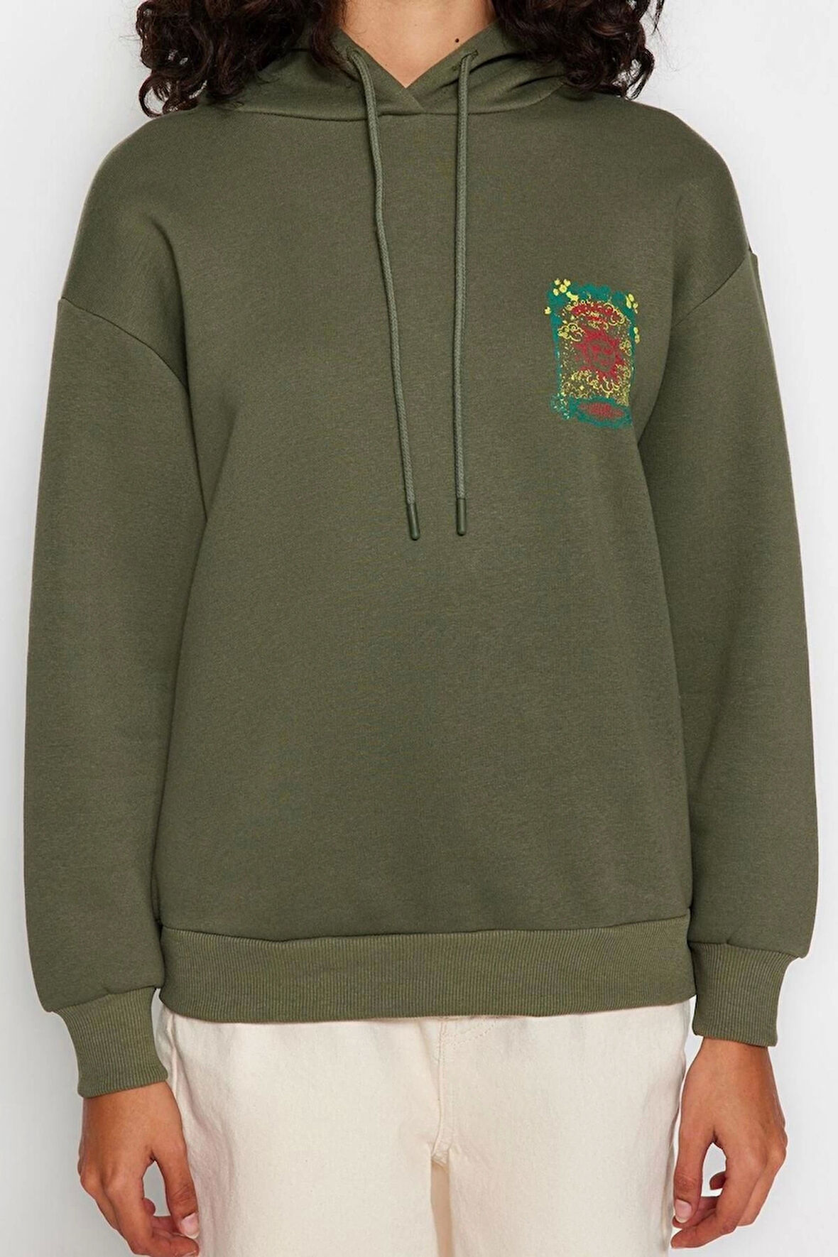 Kadın Kapüşonlu Düşük Kol Uzun Kalın İçi Polarlı Ön ve Arka Baskılı Geniş Kalıp Örme Sweatshirt