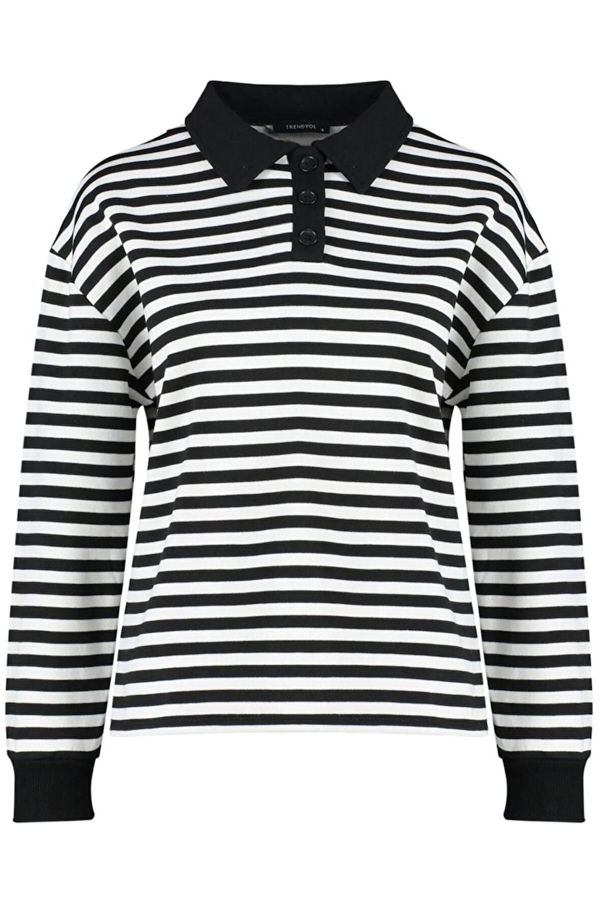 Kadın Moda Oversize Polo Yaka Düşük Kol Regular Çizgili Polo Yaka Kalın İçi Polarlı Örme Sweatshirt